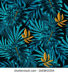 Abstract seamless tropical pattern with bright blue and yellow plants and leaves on a dark background. Beautiful print with hand drawn exotic plants. Trendy summer Hawaii print.