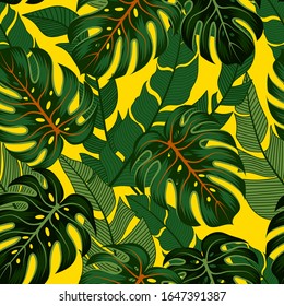 Resumen de un patrón tropical sin fisuras con hojas y plantas brillantes sobre un fondo amarillo. Diseño de vectores. Impresión de selva.Fondo floral. Hermosa impresión con plantas exóticas dibujadas a mano.