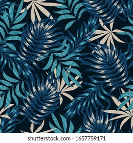 Abstract seamless tropical pattern with bright plants and leaves on a black background. Beautiful seamless vector floral pattern. Summer colorful hawaiian.