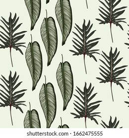 Abstract seamless tropical pattern with bright colorful leaves on light vintage background. Seamless exotic pattern with tropical plants. Exotic wallpaper. Trendy summer Hawaii print.