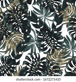 Resumen de un patrón tropical sin fisuras con plantas brillantes y hojas sobre un fondo claro. Diseño abstracto moderno para tejidos, papel y decoración interior. Papel tapiz de la selva exótica.