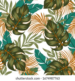 Abstract seamless tropical pattern with bright plants and leaves on a delicate background. 
Seamless pattern with colorful leaves and plants. Beautiful print with hand drawn exotic plants.