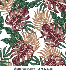 Abstract seamless tropical pattern with bright plants and leaves on a white background. Colorful stylish floral. 
Trendy summer Hawaii print.