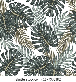 Abstract seamless tropical pattern with bright leaves and plants on a white background. Seamless exotic pattern with tropical plants. Tropic leaves in bright colors.