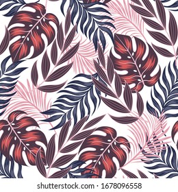 Abstract seamless tropical pattern with bright plants and leaves on a light background. Exotic wallpaper. Beautiful seamless vector floral pattern. Seamless exotic pattern with tropical plants.