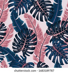 Abstract seamless tropical pattern with bright plants and leaves on a white background. Jungle leaf seamless vector floral pattern background. 
Printing and textiles. 
