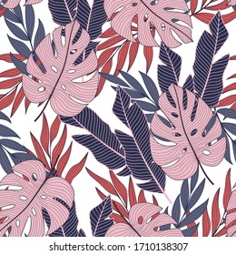 Abstract seamless tropical pattern with bright plants and leaves on a delicate background.  
Vector design. Jungle print. Floral background. Printing and textiles.  