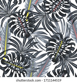 Abstract seamless tropical pattern with bright plants and leaves on a delicate background. Tropical botanical. Seamless pattern with colorful leaves and plants.