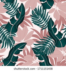 Abstract seamless tropical pattern with bright plants and leaves on a pastel background. Exotic jungle wallpaper. Beautiful print with hand drawn exotic plants.