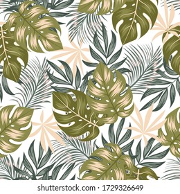 Abstract seamless tropical pattern with bright plants and leaves on a delicate background. Beautiful print with hand drawn exotic plants. 
Vintage pattern. Printing and textiles. 