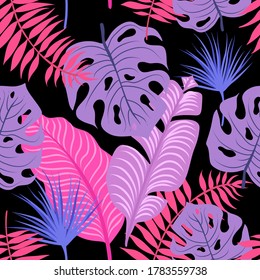 Abstract seamless tropical pattern with bright plants and leaves. Vector design. Jungle print. Floral background. Printing and textiles