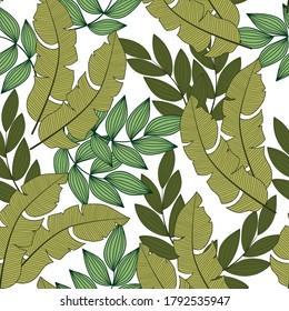 Abstract seamless tropical pattern with bright plants and leaves on a light background. Seamless exotic pattern with tropical plants. Tropic leaves in bright colors.