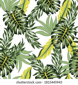 Abstraktes, nahtloses tropisches Muster mit hellen Pflanzen und Blättern auf weichem weißem Hintergrund. Schöne exotische Pflanzen. Vektordesign. Dschungeldruck. Blumenhintergrund. 