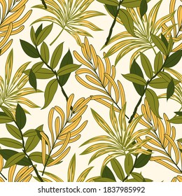 Abstract seamless tropical pattern with bright plants and leaves on a white background. Jungle leaf seamless vector floral pattern background. Seamless exotic pattern with tropical plants.