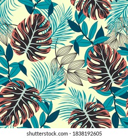 Resumen de un patrón tropical sin fisuras con plantas brillantes y hojas sobre un fondo pastel. Diseño de vectores. Impresión de la jungla. Fondo floral.  Patrón exótico sin foco con plantas tropicales.