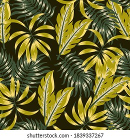 Abstract seamless tropical pattern with bright plants and leaves on a dark background. Seamless pattern with colorful leaves and plants. Tropical botanical.