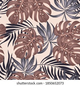 Abstract seamless tropical pattern with bright plants and leaves on a beige background. Vector design. Jungle print. Floral background.  Modern abstract design for fabric, paper, interior decor.
