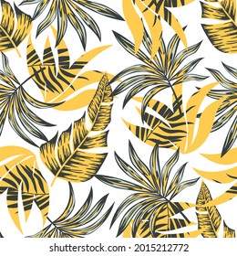 Abstract seamless tropical pattern with bright colorful plants and leaves on a white background. Seamless exotic pattern with tropical plants. Modern abstract design for fabric, paper, interior decor.