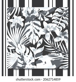 Abstract seamless tropical pattern with bright leaves and plants on night background.  exotic plants stylish. jungle wallpaper. Trendy and fashionable summer Hawaii print