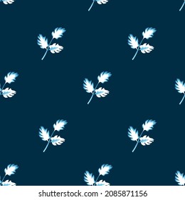 Resumen de patrón tropical sin fisuras con hojas brillantes y plantas sobre fondo azul. Patrón exótico sin foco con plantas tropicales. Papel de pared exótico. Impresión Hawaii de verano de moda. textura de moda