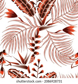 Resumen de patrón tropical sin fisuras con hojas monocromáticas brillantes y plantas sobre fondo blanco. Patrón exótico sin foco con plantas tropicales. Papel de pared exótico. Impresión Hawaii de verano de moda. 