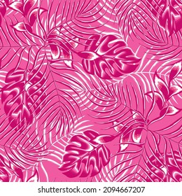 Abstract seamless tropical pattern with bright pink plants leaves and foliage on pastel background. Seamless exotic pattern with tropical plants. Exotic wallpaper. Trendy summer Hawaii print. autumn