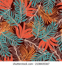 Resumen de un patrón tropical sin fisuras con plantas brillantes y hojas sobre un fondo marrón. Hermosa impresión con plantas exóticas dibujadas a mano. Fondo de patrón floral vectorial sin costuras de hoja de jungla.
