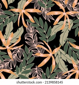 Abstract seamless tropical pattern with bright plants and leaves on a dark background. Beautiful print with hand drawn exotic plants. Colorful stylish floral. Exotic jungle wallpaper.