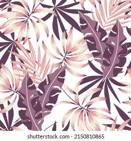 Abstract seamless tropical pattern with bright plants and leaves on a pastel background. Seamless pattern with colorful leaves and plants. Beautiful print with hand drawn exotic plants.