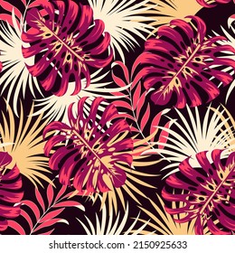 Abstract seamless tropical pattern with bright plants and leaves on a black background. Hawaiian style. Tropic leaves in bright colors. Tropical botanical. Trendy summer Hawaii print.