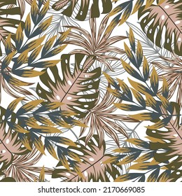 Abstract seamless tropical pattern with bright plants and leaves on a white background. Summer colorful hawaiian seamless pattern with tropical plants. Jungle leaf seamless vector floral.