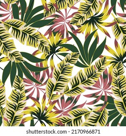 Abstract seamless tropical pattern with bright plants and leaves on a delicate background. Jungle leaf seamless vector floral pattern background.