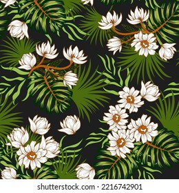 Abstract seamless tropical pattern with bright flowers and leaves on a black background. Tropical botanical. Seamless exotic pattern with tropical plants. Exotic wallpaper.