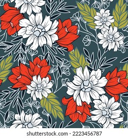 Abstract seamless tropical pattern with bright plants and flowers on a blue background. Trendy summer Hawaii print. Tropic leaves in bright colors.