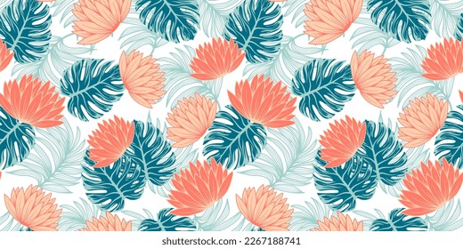 Resumen de un patrón tropical sin fisuras con plantas brillantes y flores en un fondo claro. Papel tapiz de la jungla exótica. Patrón sin foco con hojas y plantas coloridas. Impresión Hawaii de verano de moda.
