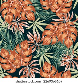 Abstract seamless tropical pattern with bright plants and flowers on a dark background. Trendy summer Hawaii print. Summer colorful hawaiian seamless pattern with tropical plants.