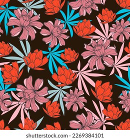 Abstract seamless tropical pattern with bright plants and flowers on a white background. Tropic leaves in bright colors. Seamless pattern with colorful leaves and plants. Colorful stylish floral.