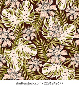 Abstract seamless tropical pattern with bright plants and leaves on a brown background. Vector design. Jungle print. Floral background.  Seamless exotic pattern with tropical plants.