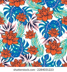 Abstract seamless tropical pattern with bright plants and flowers on a white background. Seamless pattern with colorful leaves and plants. Tropic leaves in bright colors. Vintage pattern.