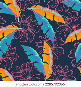 Abstract seamless tropical pattern with bright flowers and plants on a blue background. Seamless pattern with colorful leaves and plants. Tropical botanical.