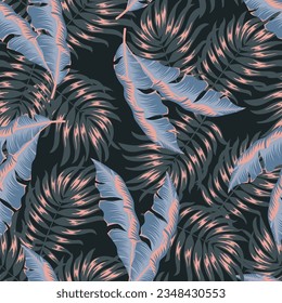 Abstract seamless tropical pattern with bright plants and leaves on a dark background. Colorful stylish floral. Jungle leaf seamless vector floral pattern background. Tropic leaves in bright colors.