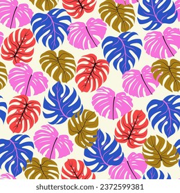 Abstract seamless tropical pattern with bright plants and leaves on a pastel background. Exotic jungle wallpaper. Seamless pattern with colorful leaves and plants.