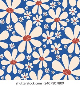 Resumen de un patrón tropical sin fisuras con plantas brillantes y flores en un fondo azul. Patrón sin foco con hojas y plantas coloridas. Impresión y textiles. Patrón vintage.