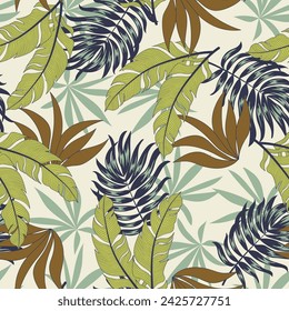 Patrón tropical sin costuras abstracto con plantas brillantes y hojas sobre un fondo beige. Diseño abstracto moderno para la tela, el papel, la decoración interior. Estilo hawaiano.
