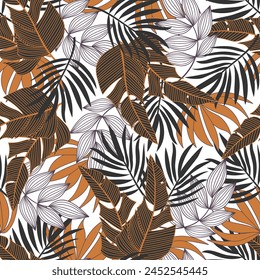 Abstract seamless tropical pattern with bright plants and leaves on a white background. Seamless pattern with colorful leaves and plants. Seamless exotic pattern with tropical plants.