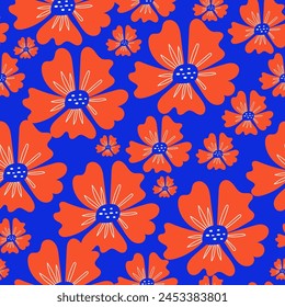 Abstract seamless tropical pattern with bright plants and leaves on a blue background. Vector design. Jungle print. Floral background.  Seamless pattern with colorful leaves and plants.