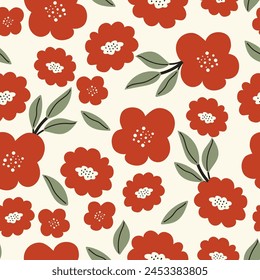 Abstract seamless tropical pattern with bright plants and leaves on a beige background. Tropic leaves in bright colors. Seamless pattern with colorful leaves and plants.