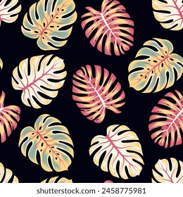 Abstract seamless tropical pattern with bright plants and leaves on a brown background. Seamless exotic pattern with tropical plants. Exotic wallpaper. Exotic jungle wallpaper.