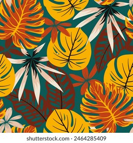 Abstractas patrón tropical sin costuras con plantas brillantes y hojas sobre un fondo verde. Diseño de Vector. Estampado de selva. Fondo floral.  Impresión de verano de moda en Hawái.