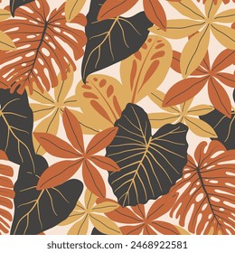 Abstract seamless tropical pattern with bright plants and leaves on a beige background. Seamless botanical pattern with plants. Tropic leaves in bright colors.